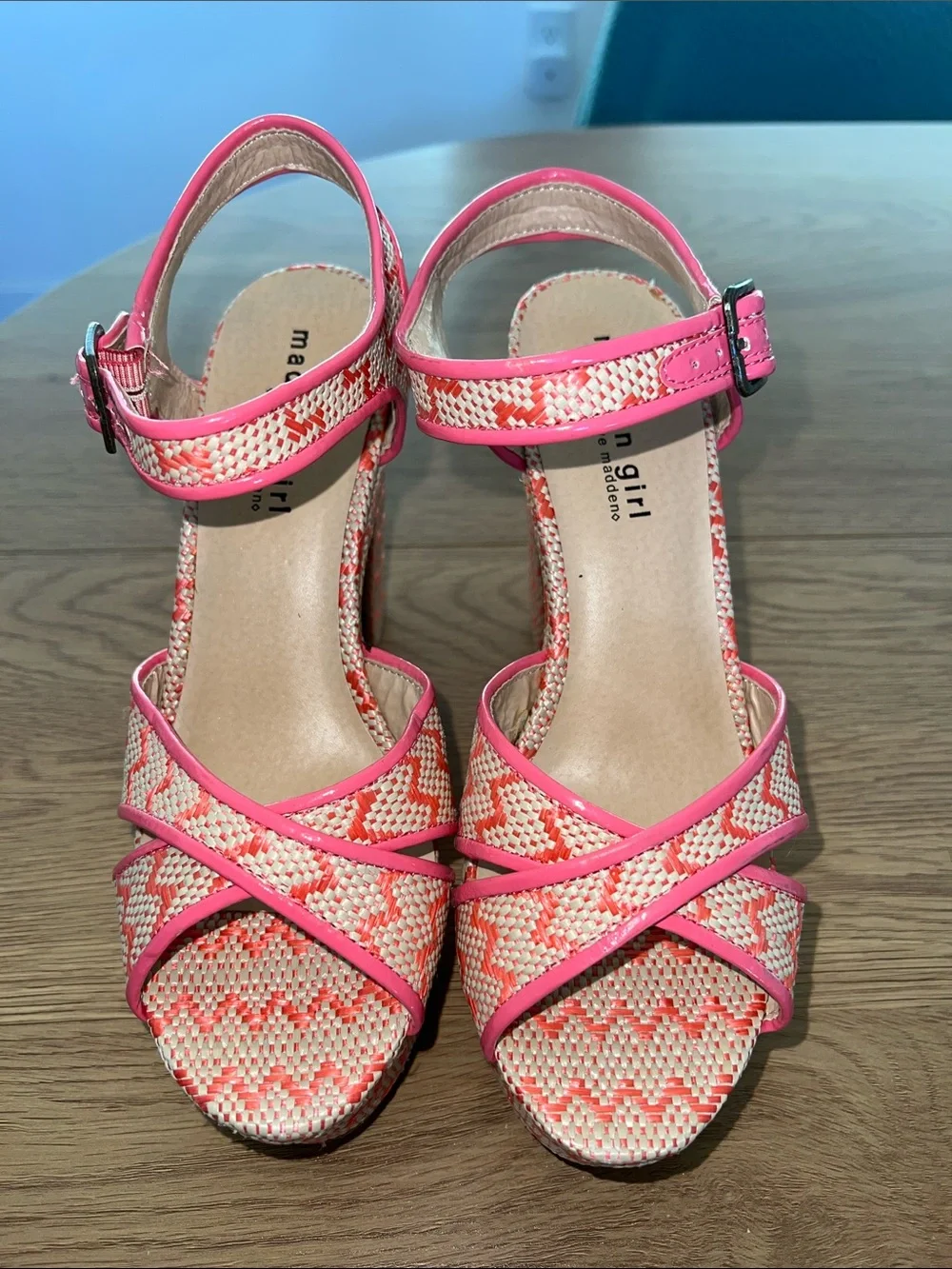 NWOB Madden Girl Coral & Cream Woven Platform Wedges with Ankle Strap